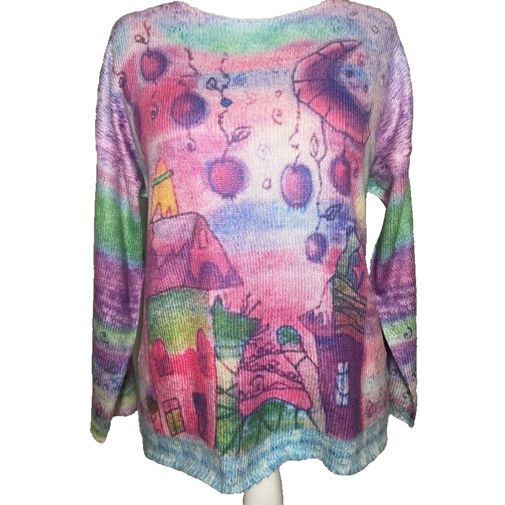 Misslook Pullover Sweater XL Cotton Pastel Cottage Watercolor Art Graphic House